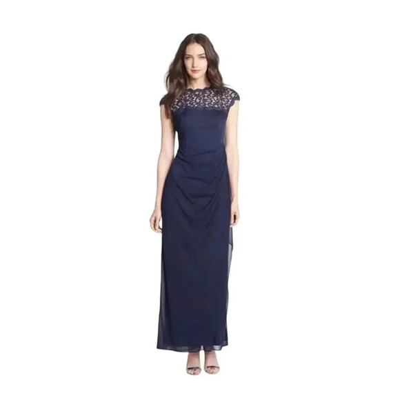 NWT Alex Evenings Draped Evening Dress in Navy w/ Metallic Lace Cut-Out Size 6 - Picture 1 of 10